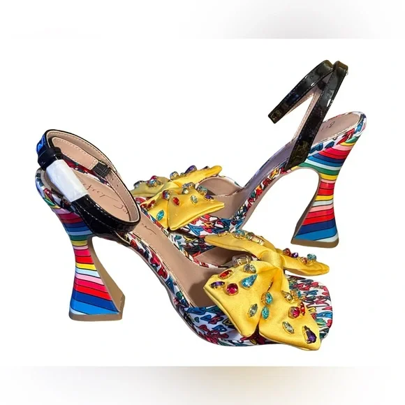 Betsey Johnson NWT Sz 8.5 Whimsical Colorful Heels & Yellow Rhinestone Bow (126) - Picture 4 of 12